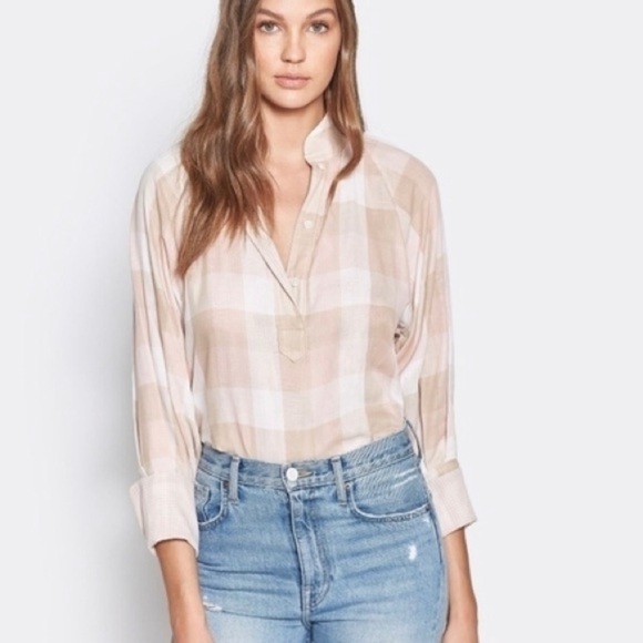 Joie Dia Plaid Balloon Sleeve Split Neck Cotton Blouse Cream Pink Large - Picture 1 of 7